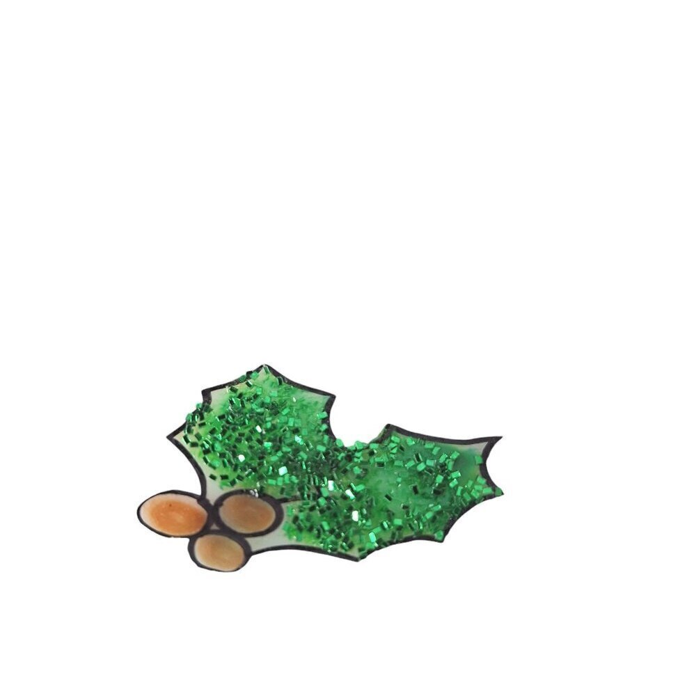 Vintage Handmade Christmas Holly Glitter Brooch Pin